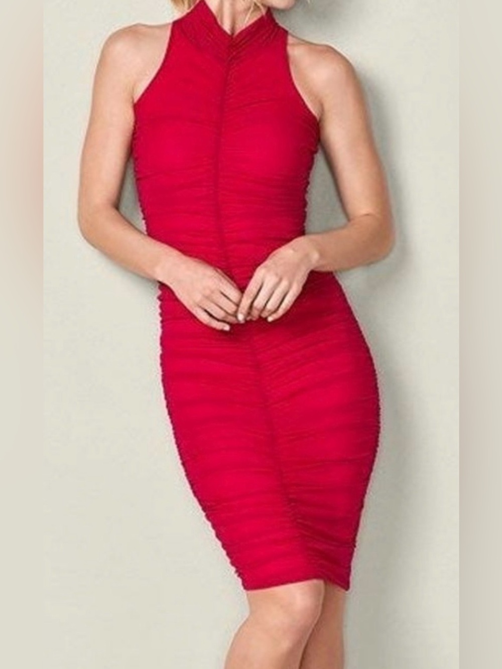 VENUS Hot Pink Halter Ruched Midi Dress